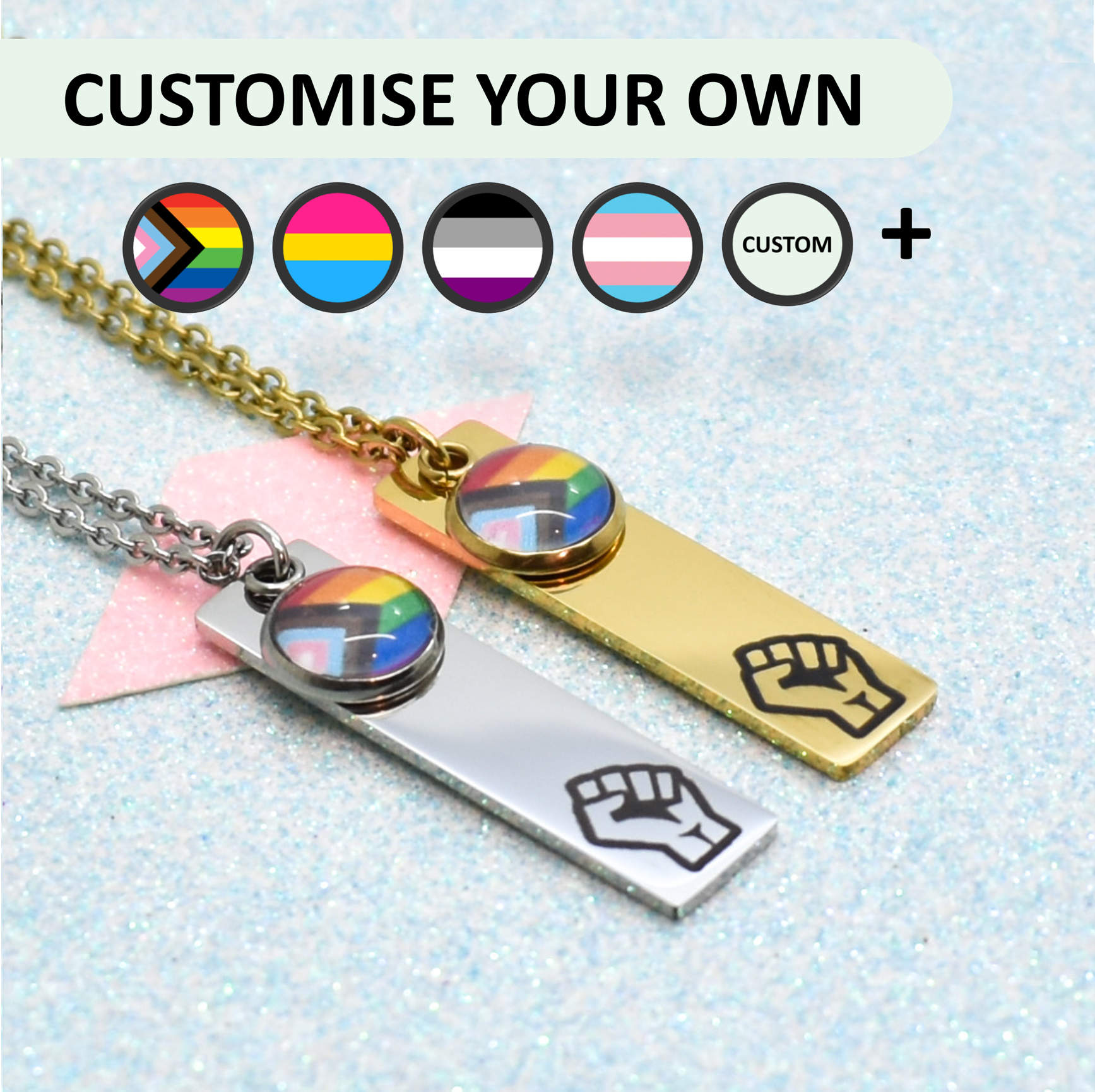 Customisable LGBTQ+ resist necklace with pride flag