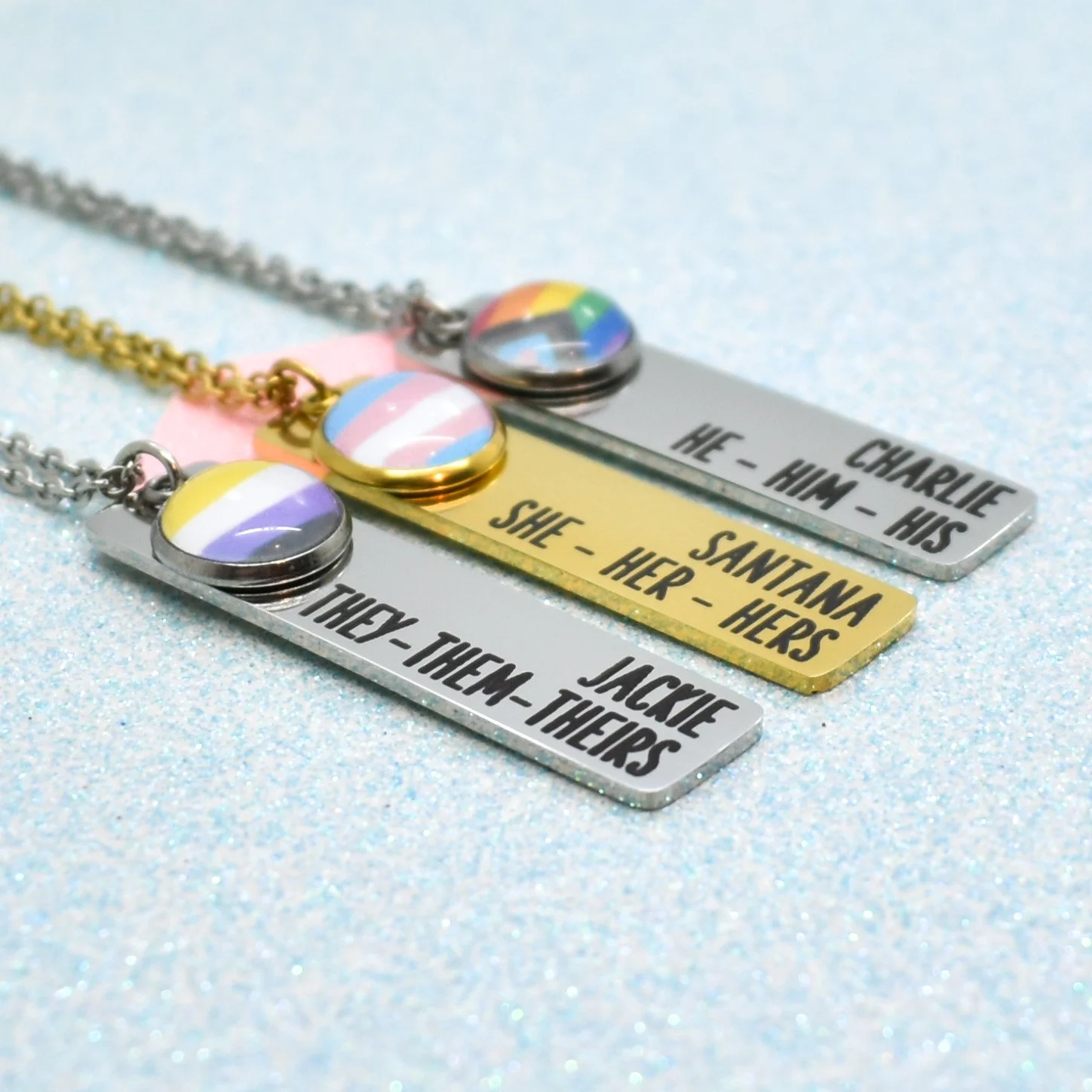 Engraved Name and Pronoun Necklace with Non-Binary Pride Flag – Custom Queer Jewellery