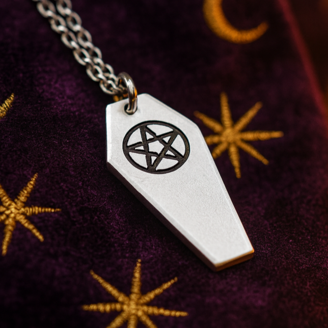 pentagram coffin necklace gothic witchcraft jewellery