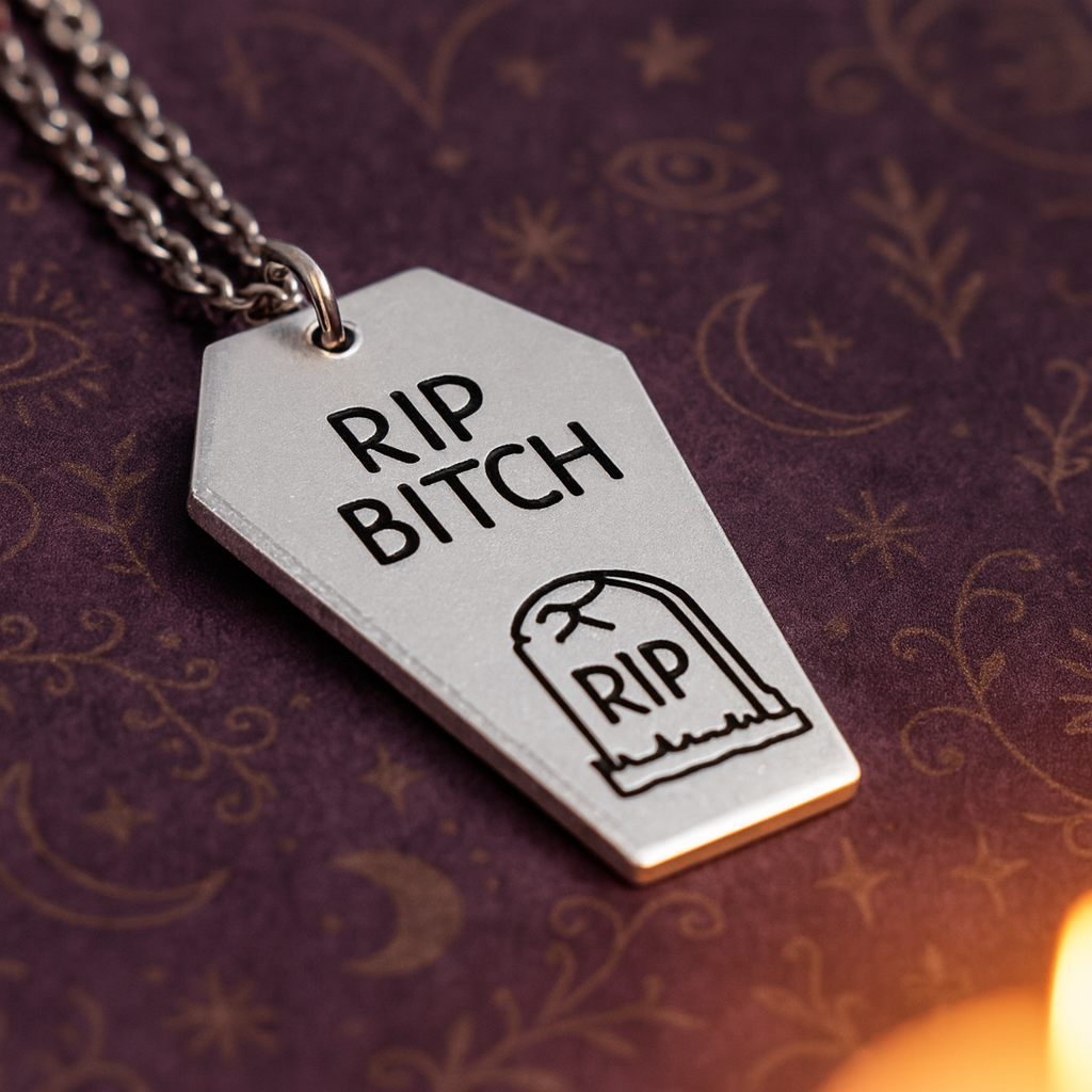 rip bish coffin necklace with gravestone gothic jewellery