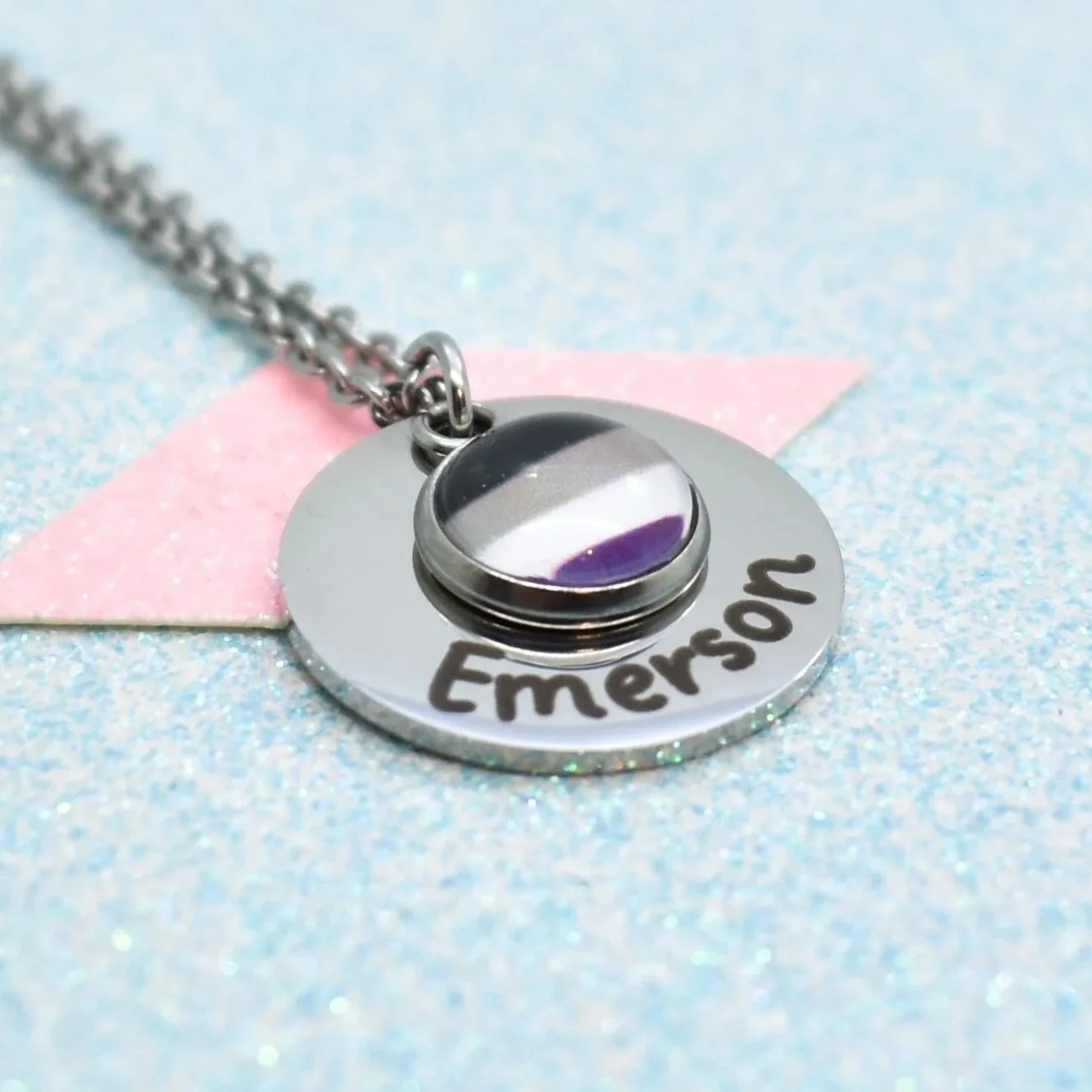 Personalised asexual pride necklace with engraved name