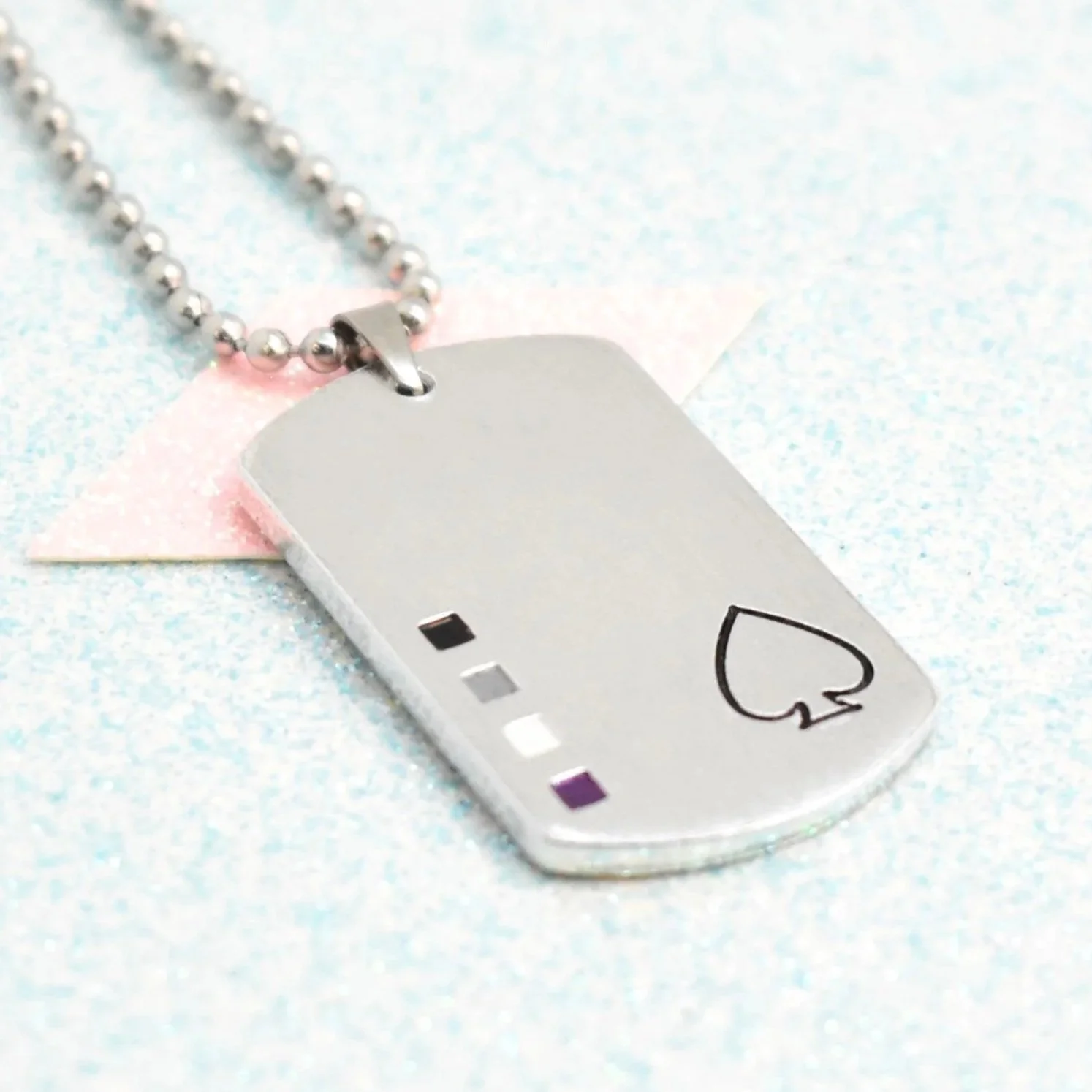 Asexual pride necklace with dog tag pendant and enamel flag accents