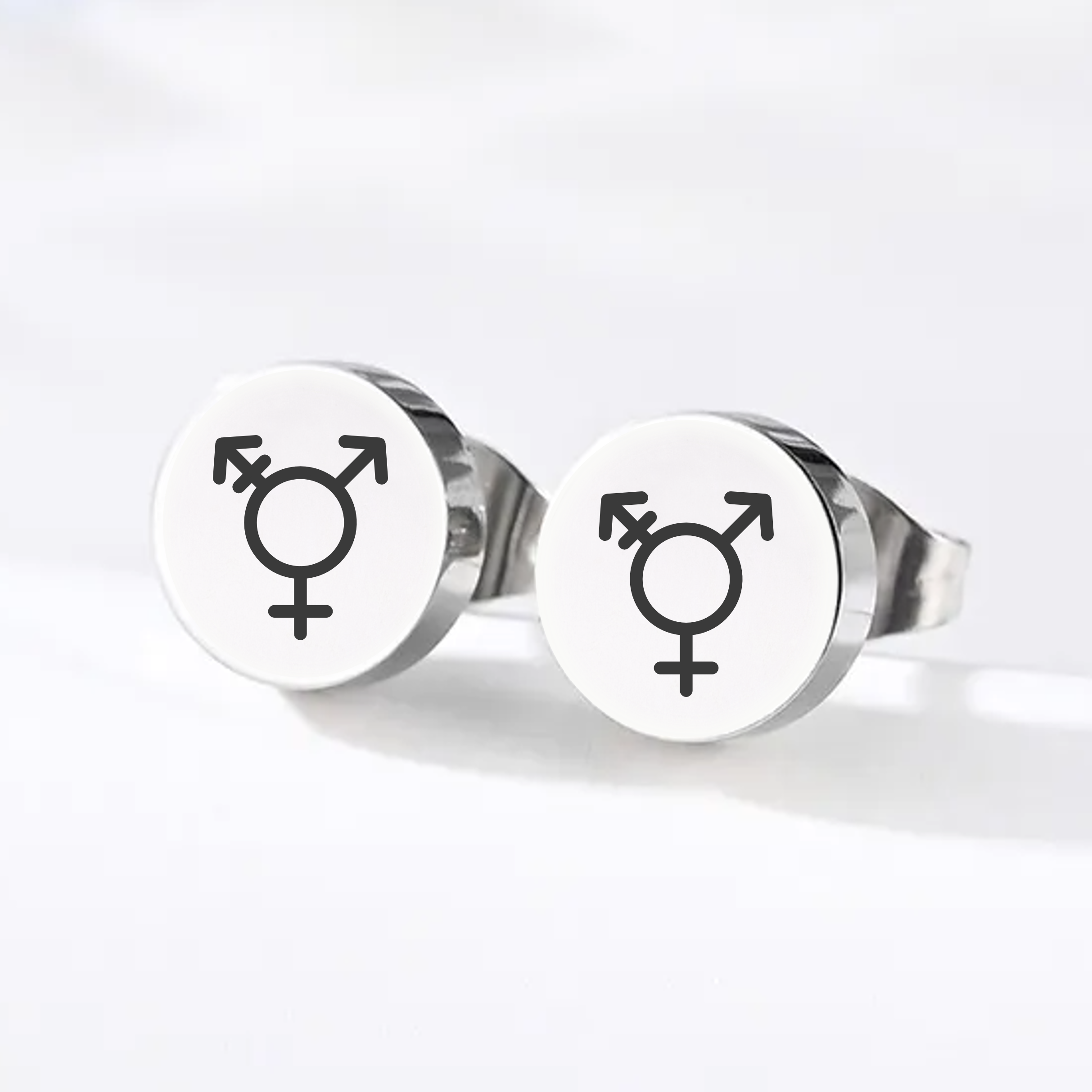 Engraved transgender pride stud earrings in stainless steel silver