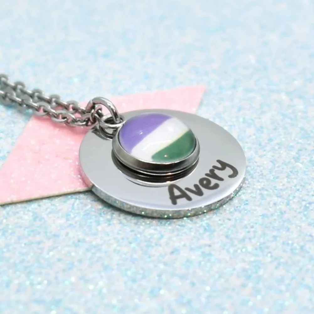 Personalised genderqueer pride necklace with engraved name