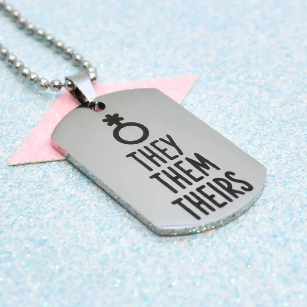 LGBTQ+ engraved pronoun dog tag necklaces in stainless steel