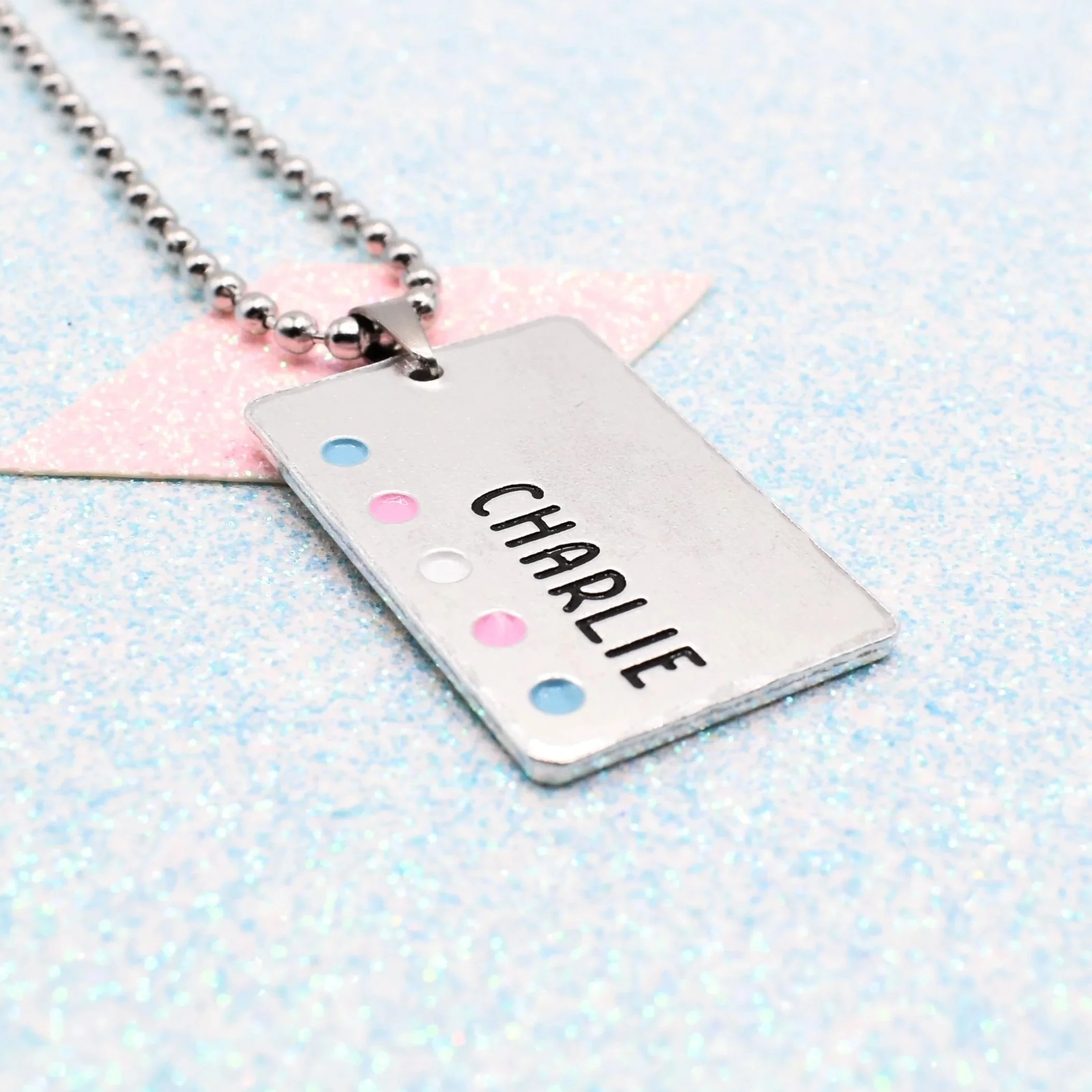 Transgender pride necklace with enamel accents and personalisation