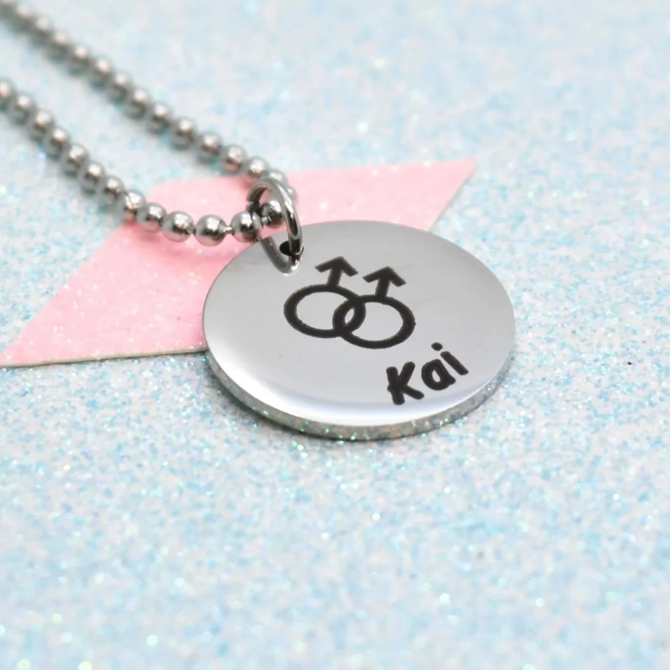 Engraved gay MLM pride necklace with intertwined Mars symbol and personalised name