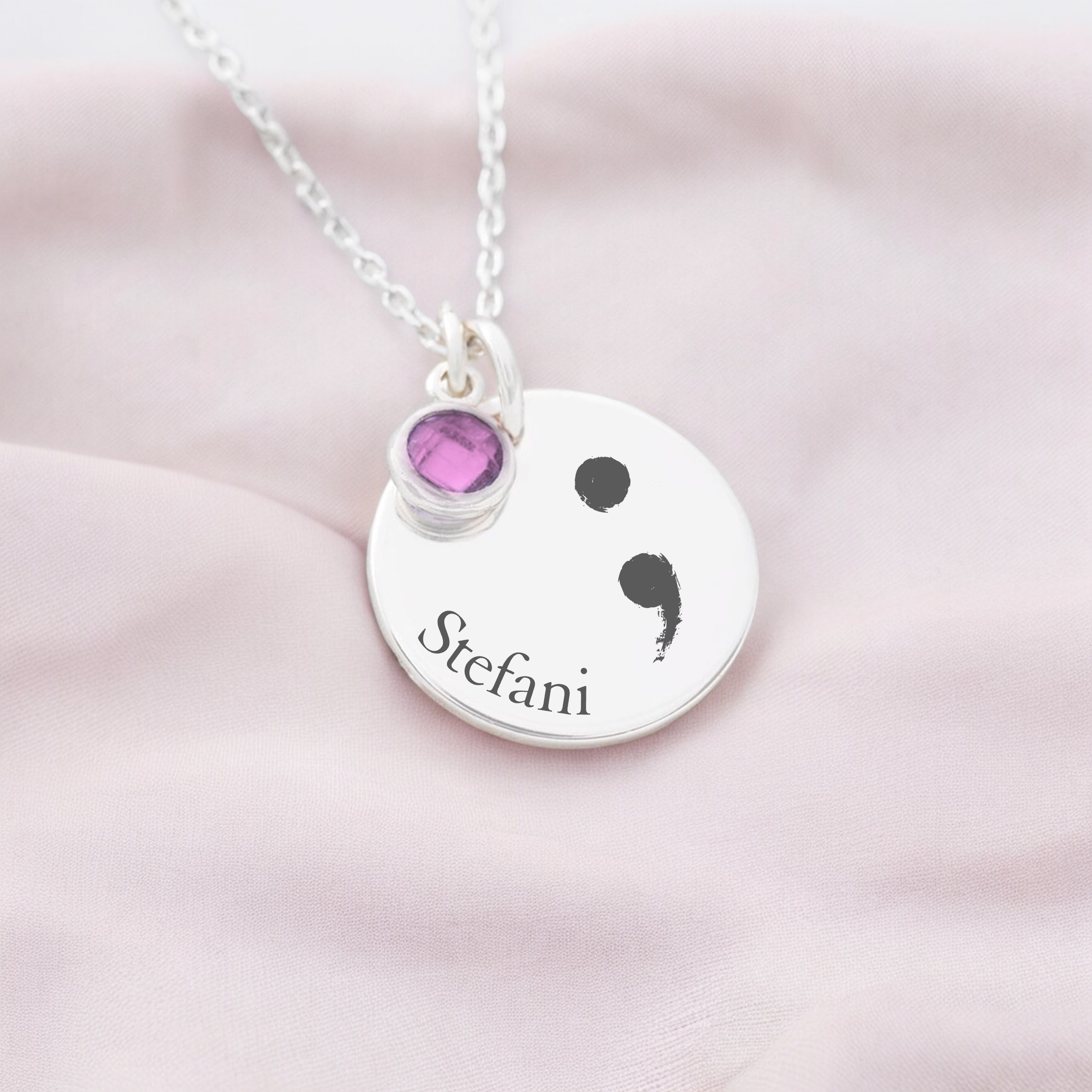 Silver, Personalised Mental Health Awareness Necklace featuring a semi colon and birth stone
