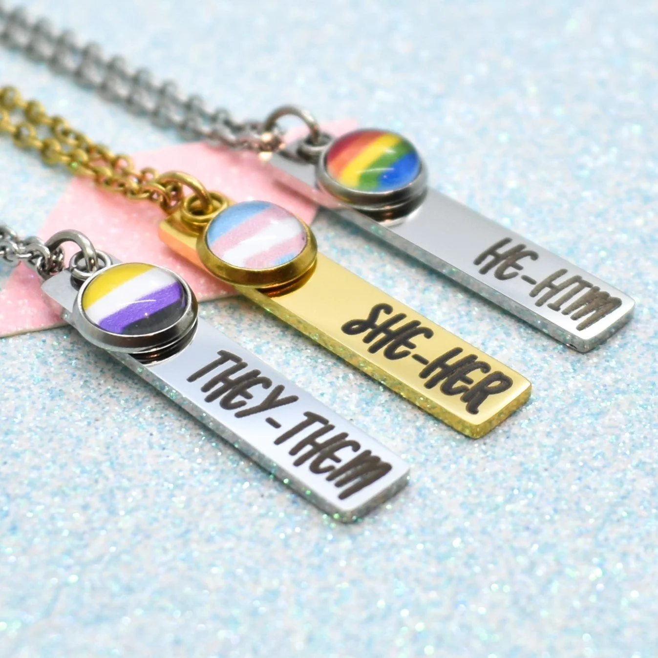 Pronoun necklace with pride flag charm