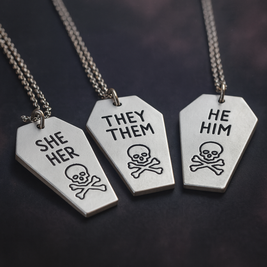 skull and bones pronoun coffin necklace gothic jewellery