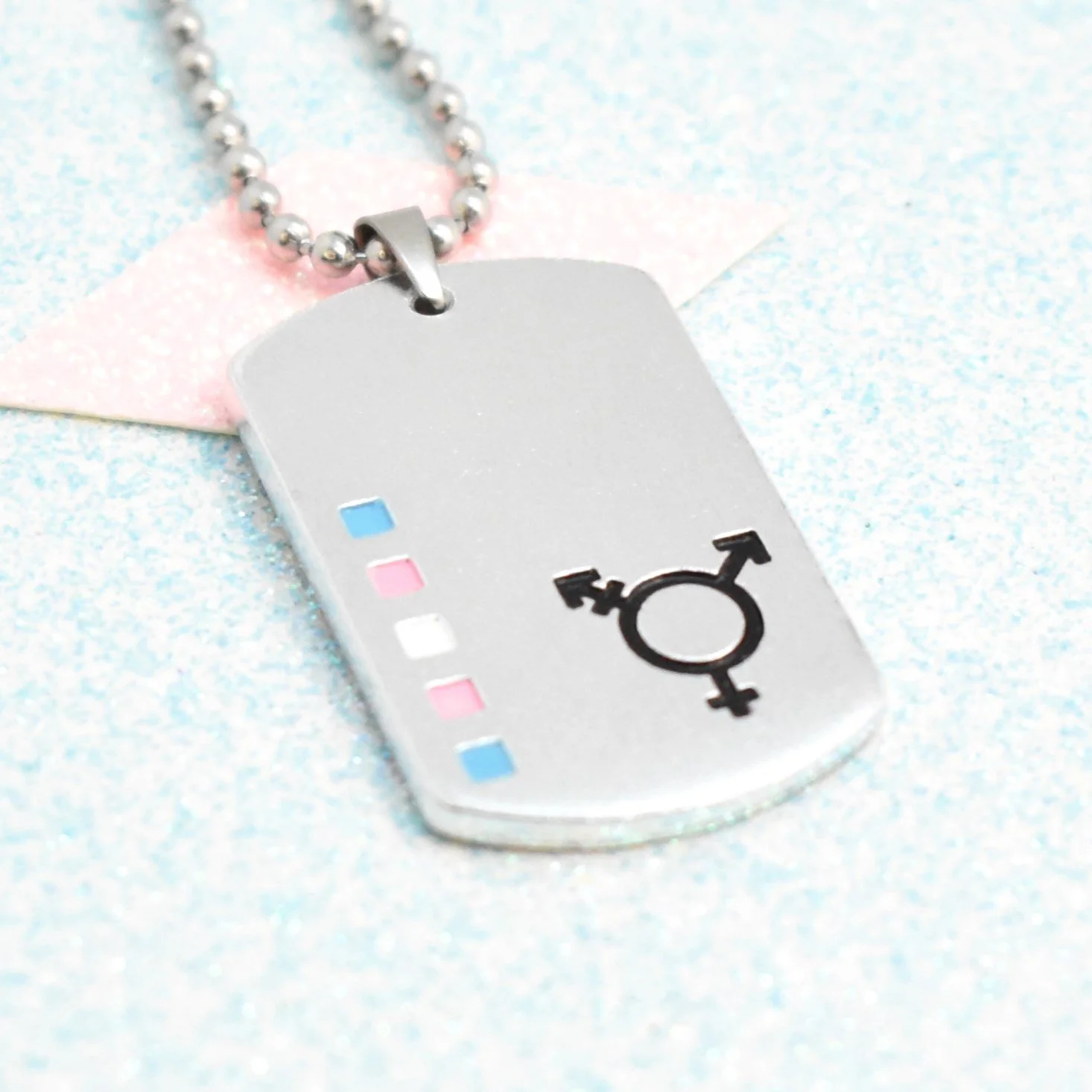 Transgender pride necklace with dog tag pendant and enamel flag accents