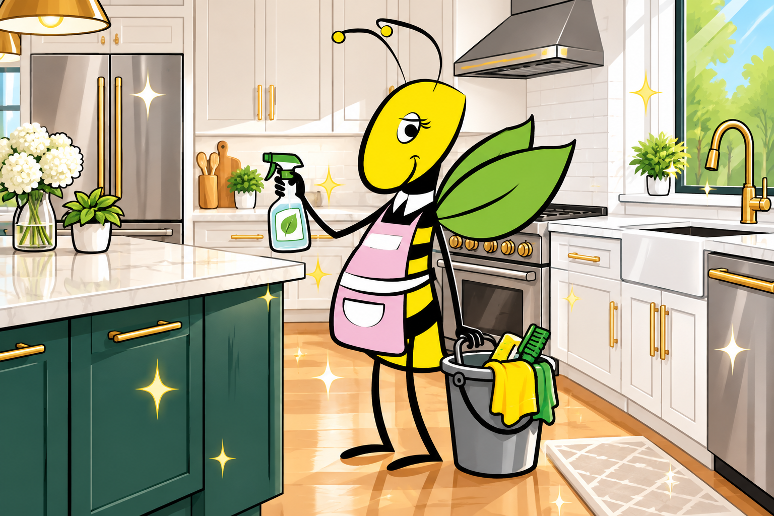 Cartoon bee character in a modern kitchen holding a spray bottle with a leaf symbol, wearing a pink apron, beside cleaning supplies in a bucket, with plants and sunlight through the window.