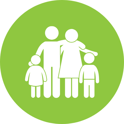 Icon of a family with two adults and two children in white on a green circular background.