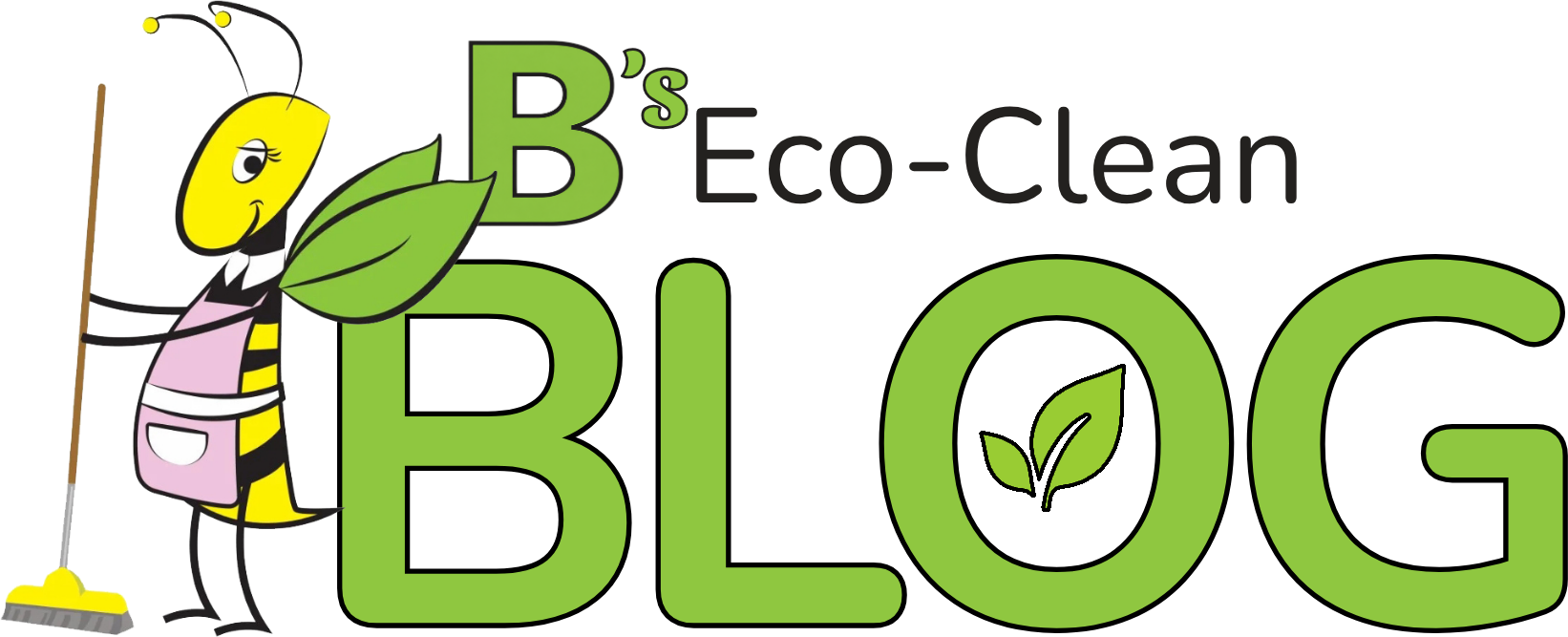 Colorful logo with a cartoon bee character wearing a pink apron holding a honey dipper and the text "B's Green Blog" with green and black letters, and a leaf symbol inside the letter 'O'.