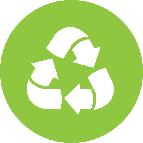 Green circle with white recycling symbol in the center.