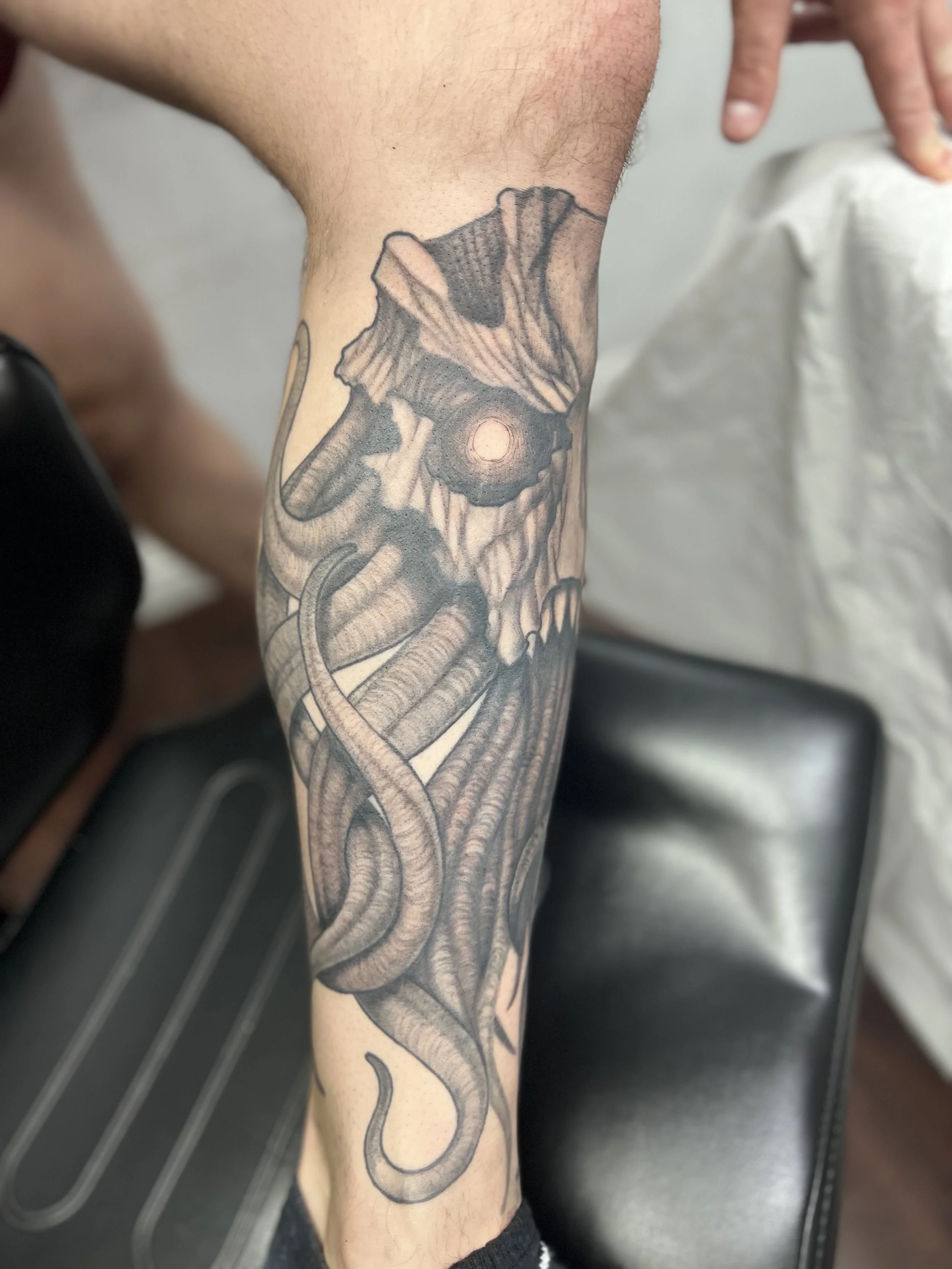 Black and gray tattoo of an octopus with tentacles wrapped around a human skull on a person's forearm.