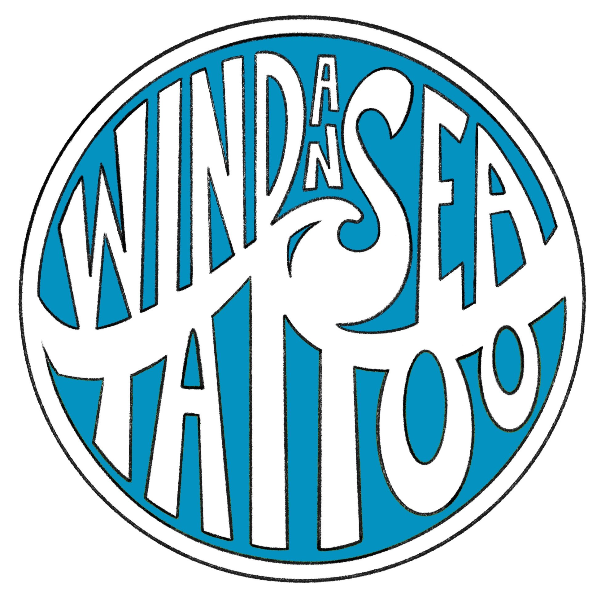Circular logo with the text "WIND AN SEA TATTOO" in stylized letter design with a mountain wave illustration.