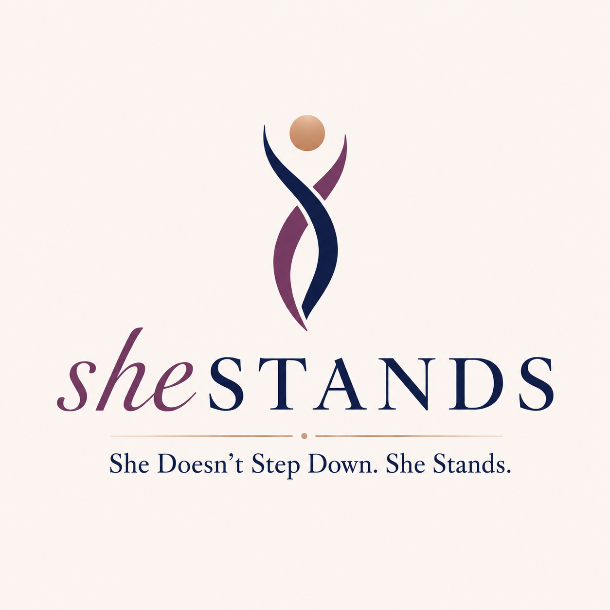 Logo for sheSTANDS featuring a stylized figure with the head as a beige circle and a body made of purple and navy swooping lines, with the tagline "She Doesn't Step Down. She Stands."