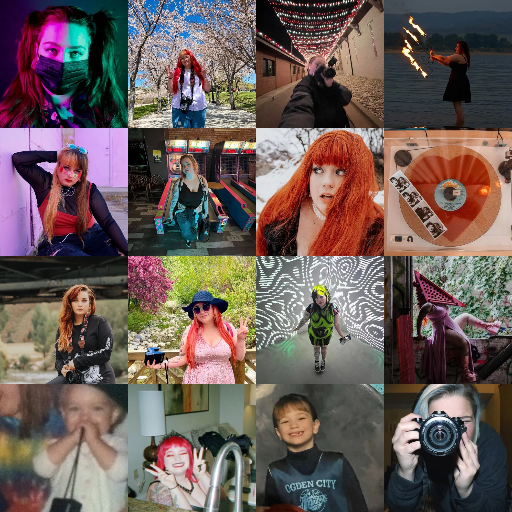 A collage of 16 photos featuring stormy the photographer in different settings, including outdoor scenes with trees, a dock, and a lake, as well as indoor and event environments.