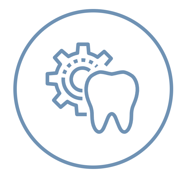 Icon representing dental gear and a tooth inside a circle.