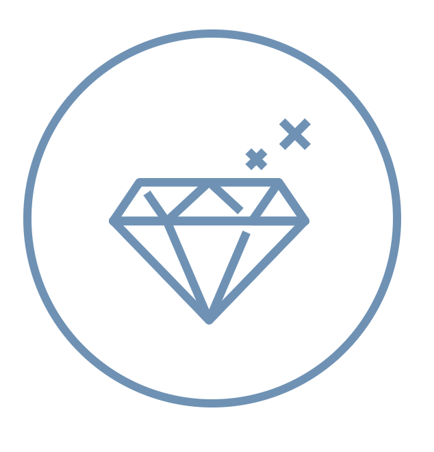 Line drawing of a diamond enclosed in a circle with sparkle effects.