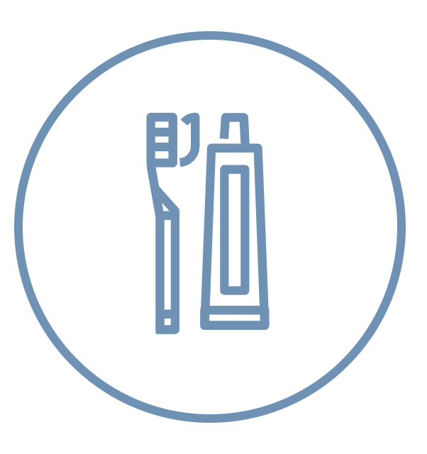 Line drawing of a toothbrush and a tube of toothpaste inside a circle.