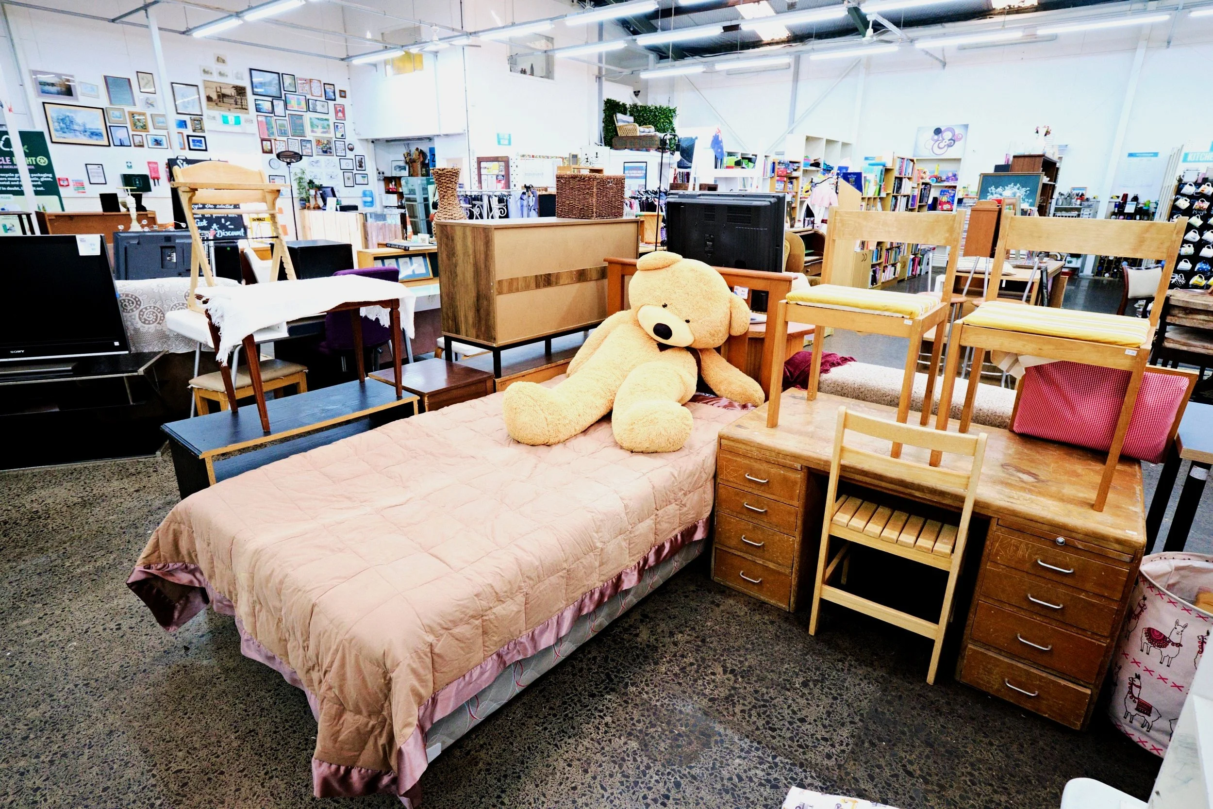 A furniture display with a bed topped with a large teddy bear, surrounded by various chairs and furniture pieces in a store setting.
