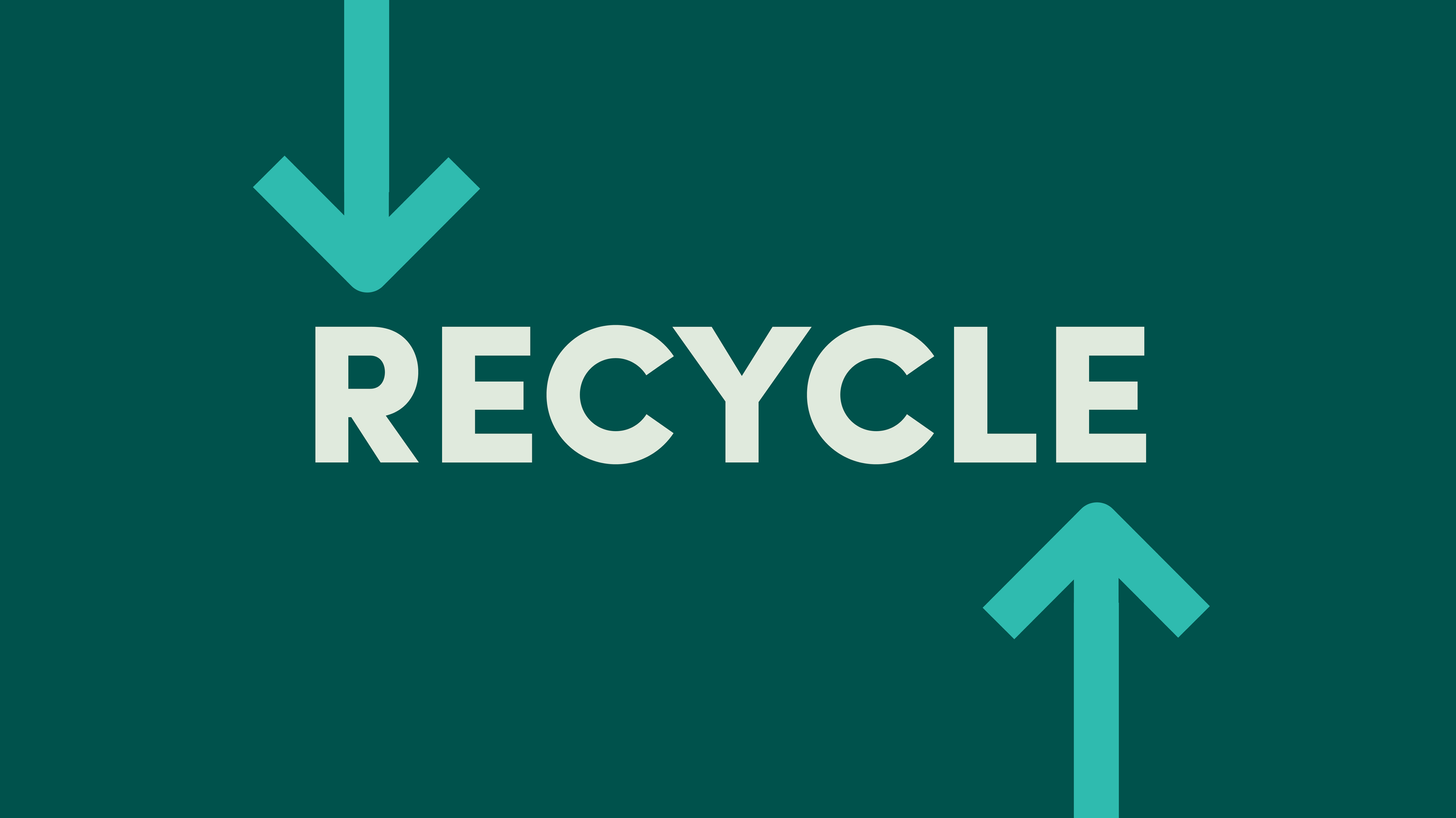 Sign with the word 'RECYCLE' in large font, with an arrow pointing down above and an arrow pointing up below. Click to discover what items we accept for recycling.