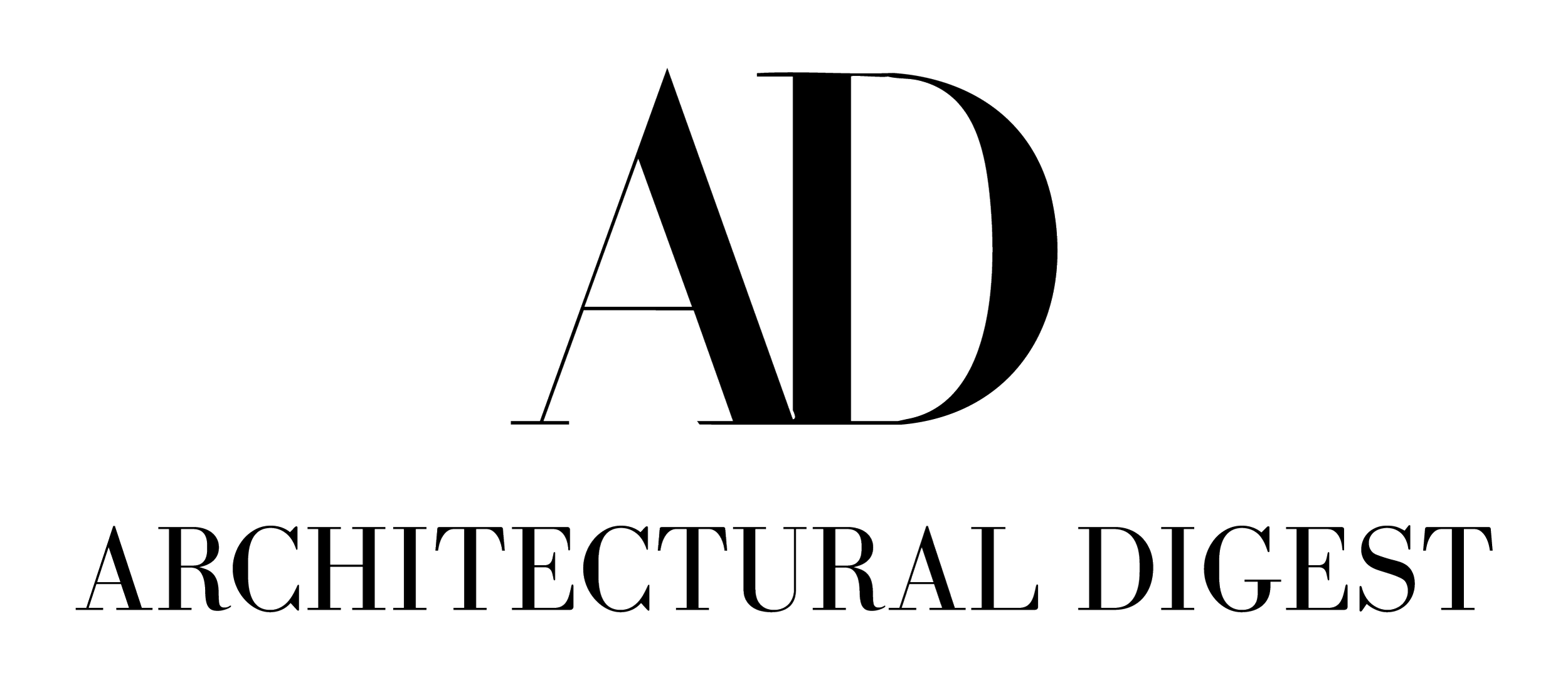 Logo with large outlined letters 'AD' and the text 'ARCHITECTURAL DIGEST' beneath, on a black background.