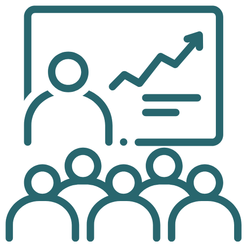 Icon of a presenter pointing to a rising arrow on a presentation board in front of an audience.