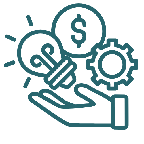 Line drawing of a hand holding a lightbulb, with a dollar sign inside a circle and a gear above.