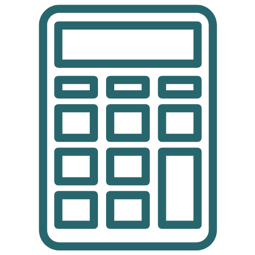 Line drawing of a calculator with a display screen at the top and numerical and function buttons below.