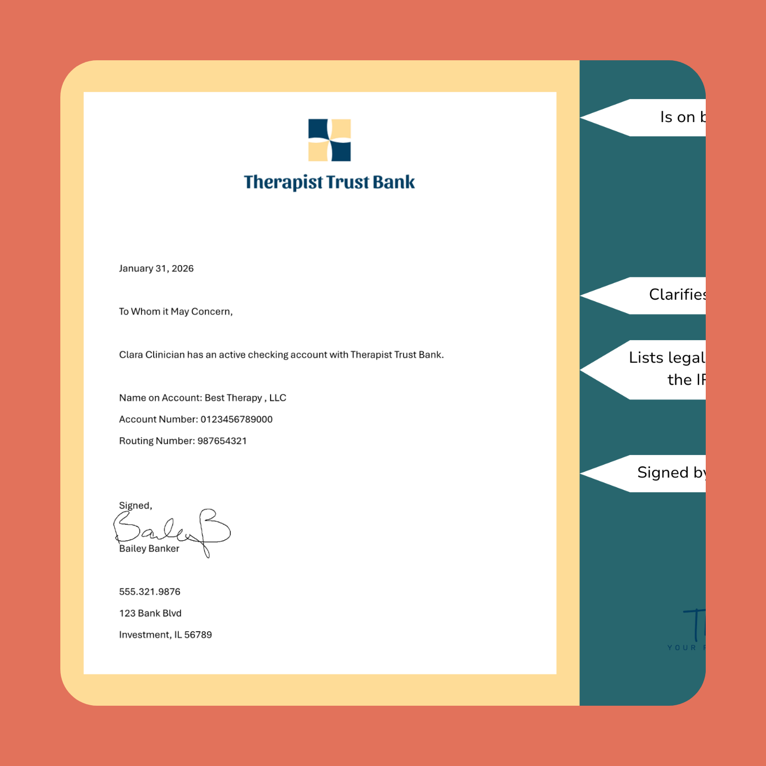 Sample Bank Letter (for EFT enrollment)