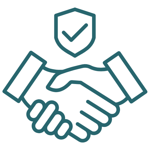 Outline illustration of a handshake with a shield and checkmark above, representing trust or agreement.