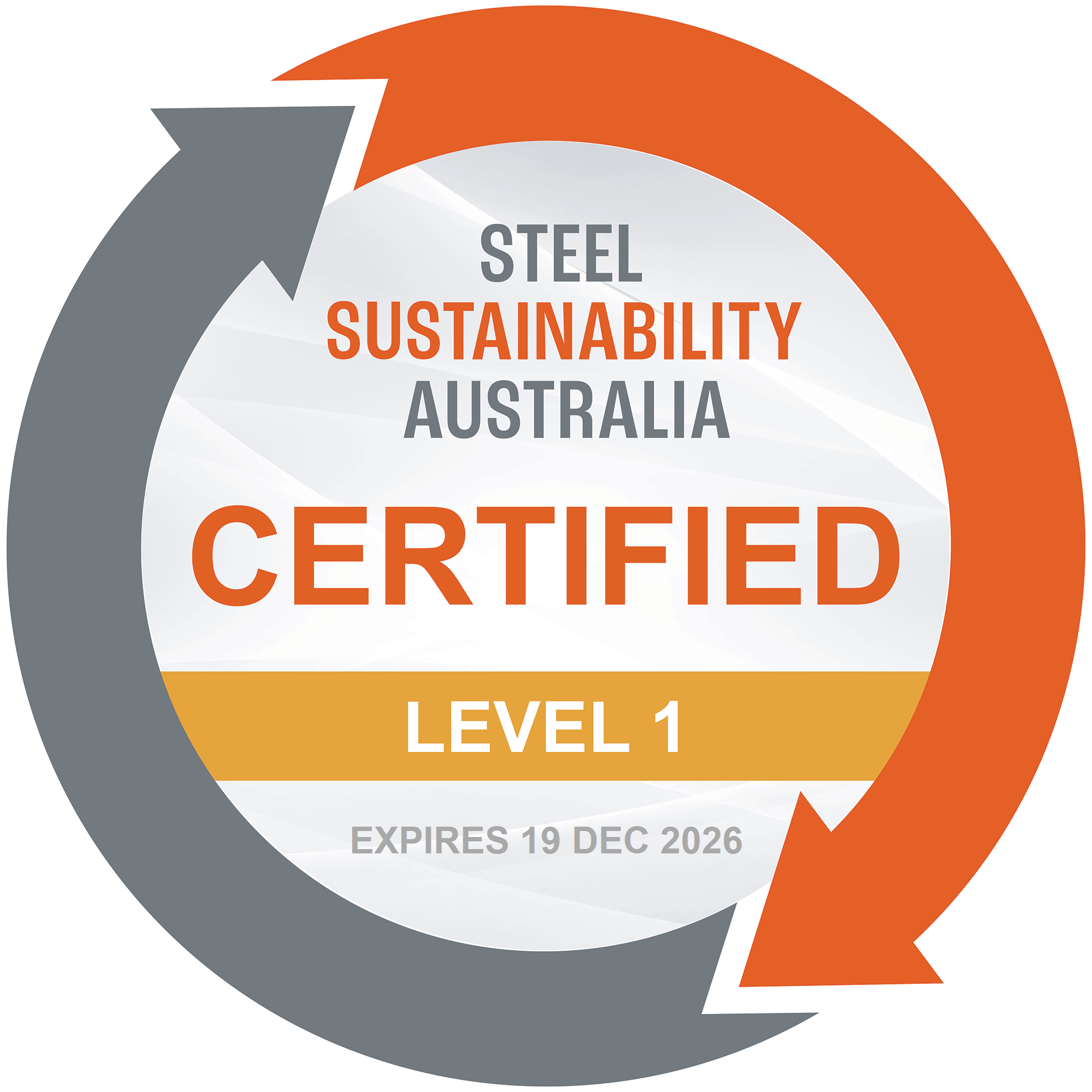 Circular certification badge with orange, gray, and white colors. Contains the text 'Steel Sustainability Australia' and details on expiration date 'Expires 19 Dec 2026' with a level indicator 'Level 1'.