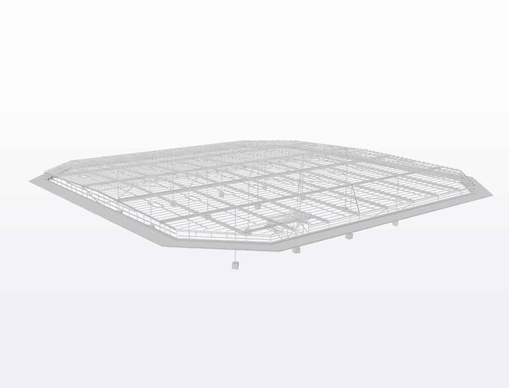 3D wireframe model of a flat, rectangular roof structure with a grid pattern, supported by small pillars.