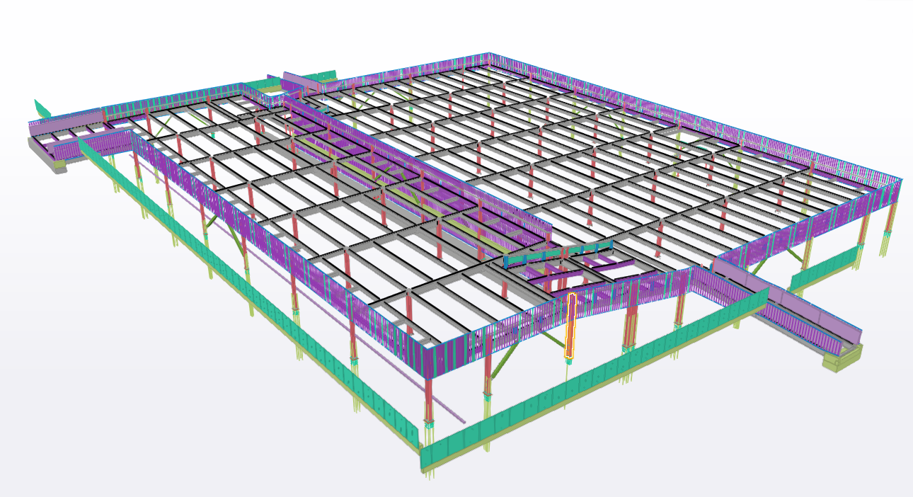 3D model of a building's steel framework with colored structural components and beams.
