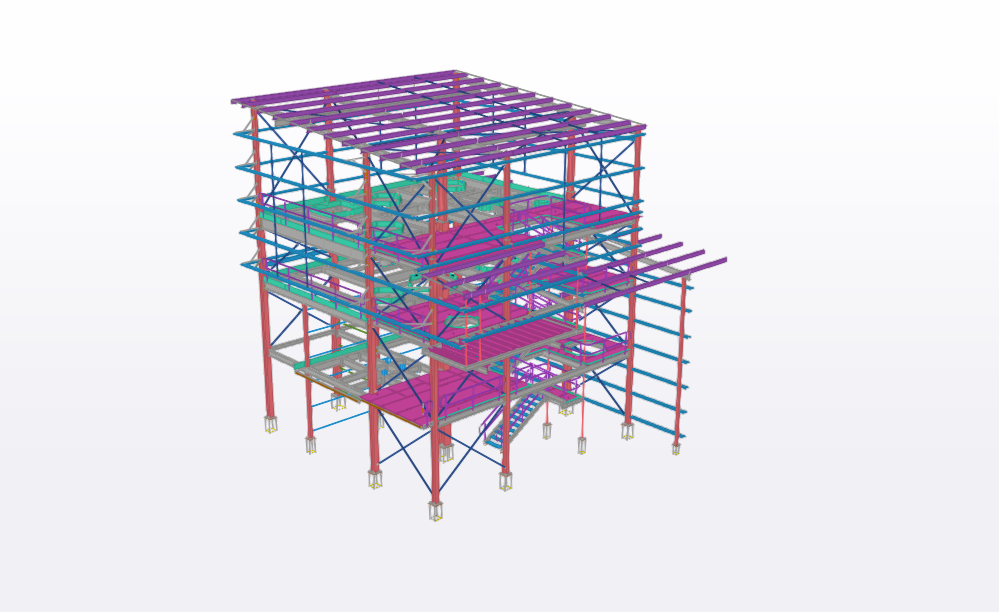 3D structural model of a multi-story building framework with steel beams and columns in various colors.