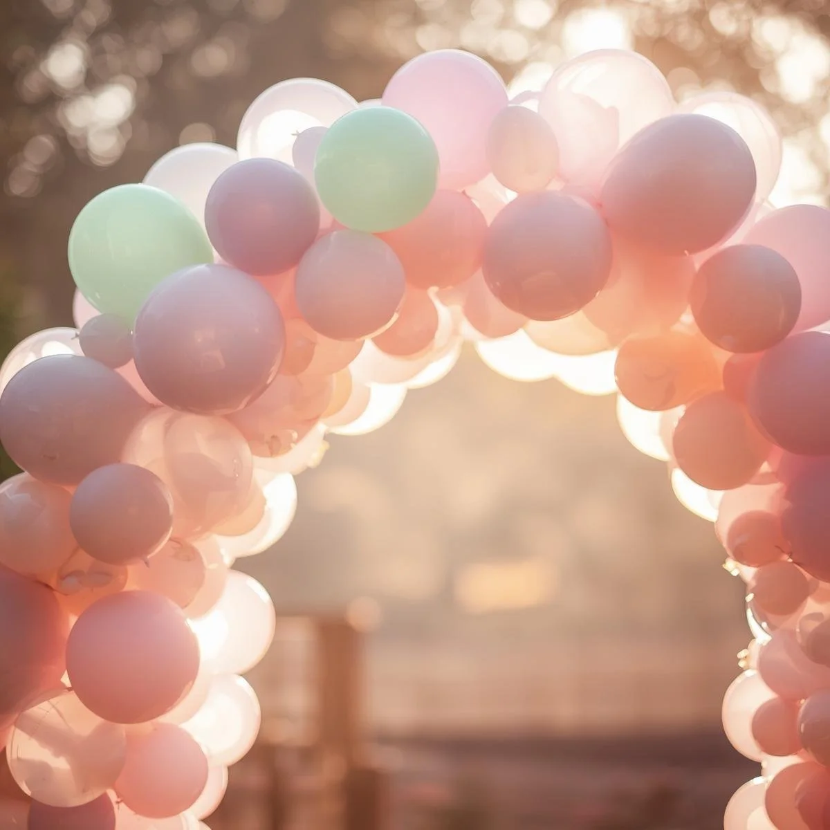 A colorful arch made of pastel pink, purple, yellow, and peach balloons set against a dreamy sky background with stars and clouds.