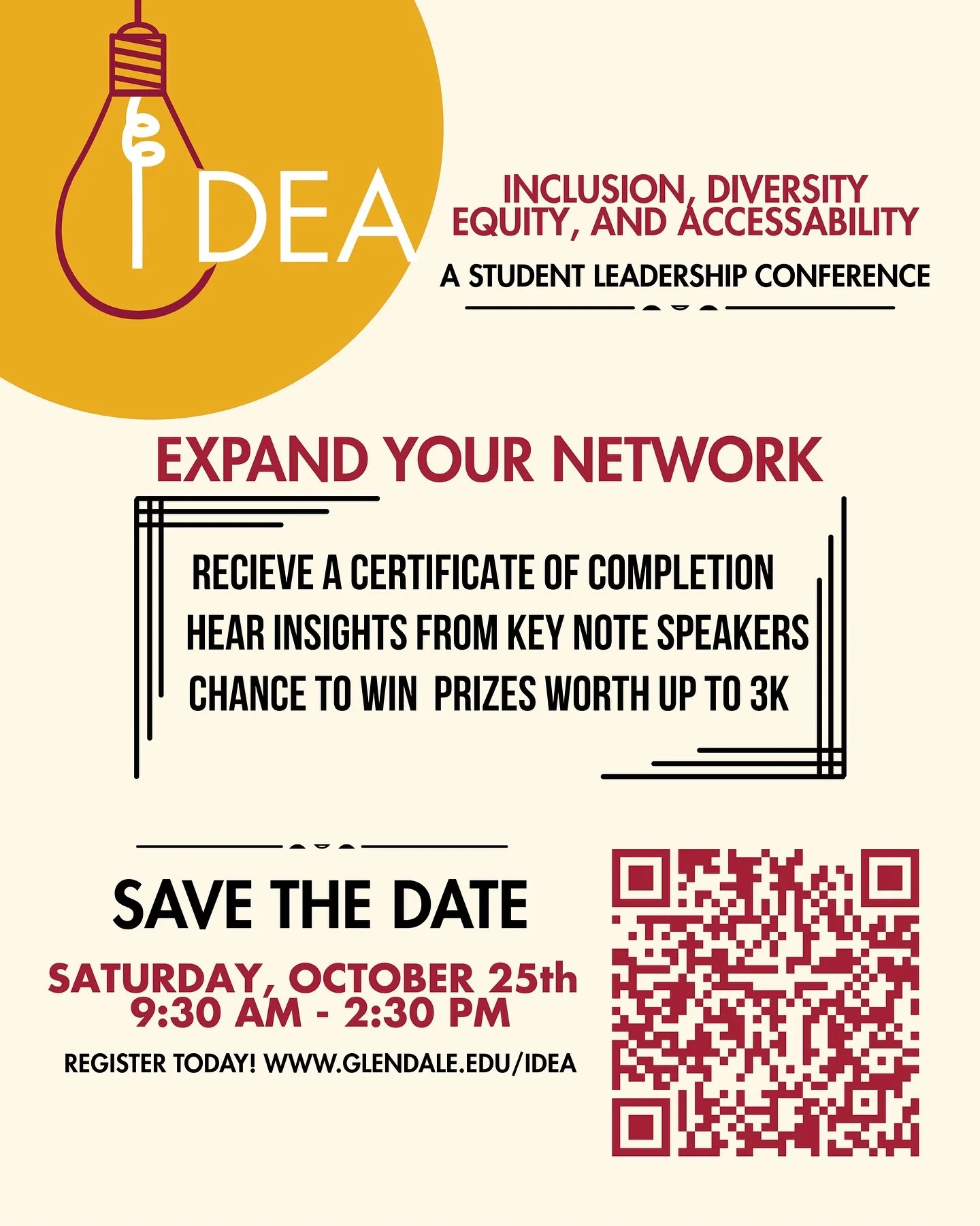 💡 Get inspired, get connected, and grow! Join the IDEA Student Leadership Conference &mdash; celebrating Inclusion, Diversity, Equity, and Accessibility.

📅 Saturday, Oct 25 | 9:30 AM &ndash; 2:30 PM

🔗 Register through the link in bio or by scann