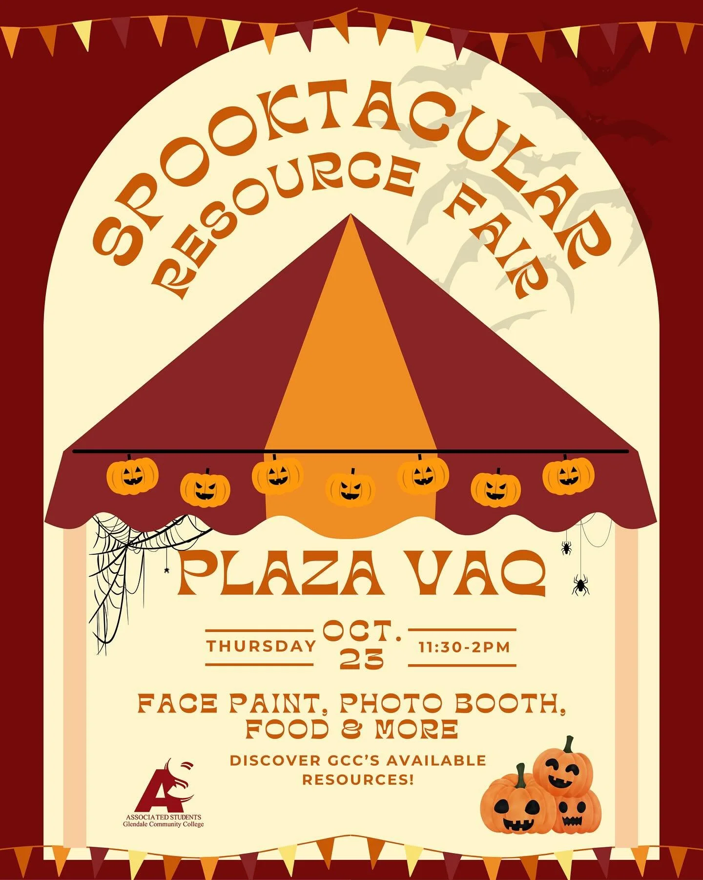 🎪🍂 Join us for the Spooktacular Resource Fair! 🎃
Enjoy food, a photo booth, pumpkin decorating, face painting, and much more &mdash; all while connecting with campus programs like EOPS, MESA, and Financial Aid.
Bring your friends, have some fun, a