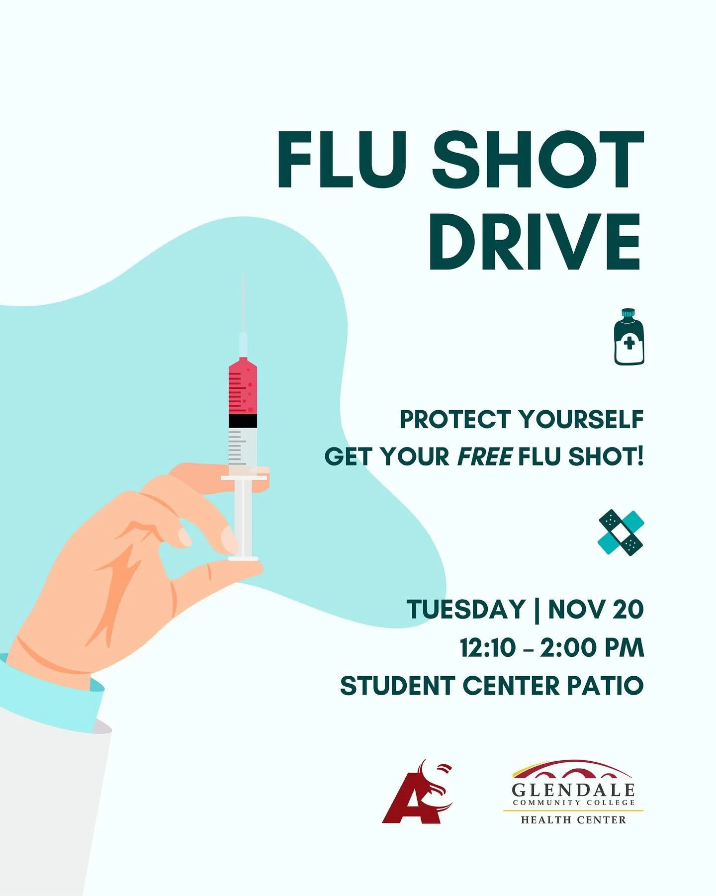 Stay healthy for finals season! 💪

ASGCC and the GCC Health Center invite you to our Free Flu Shot Drive:

Thursday, November 20
12:10&ndash;2:00 PM
Student Center Patio

No appointment required &mdash; just stop by!
But if you&rsquo;d like to RSVP 