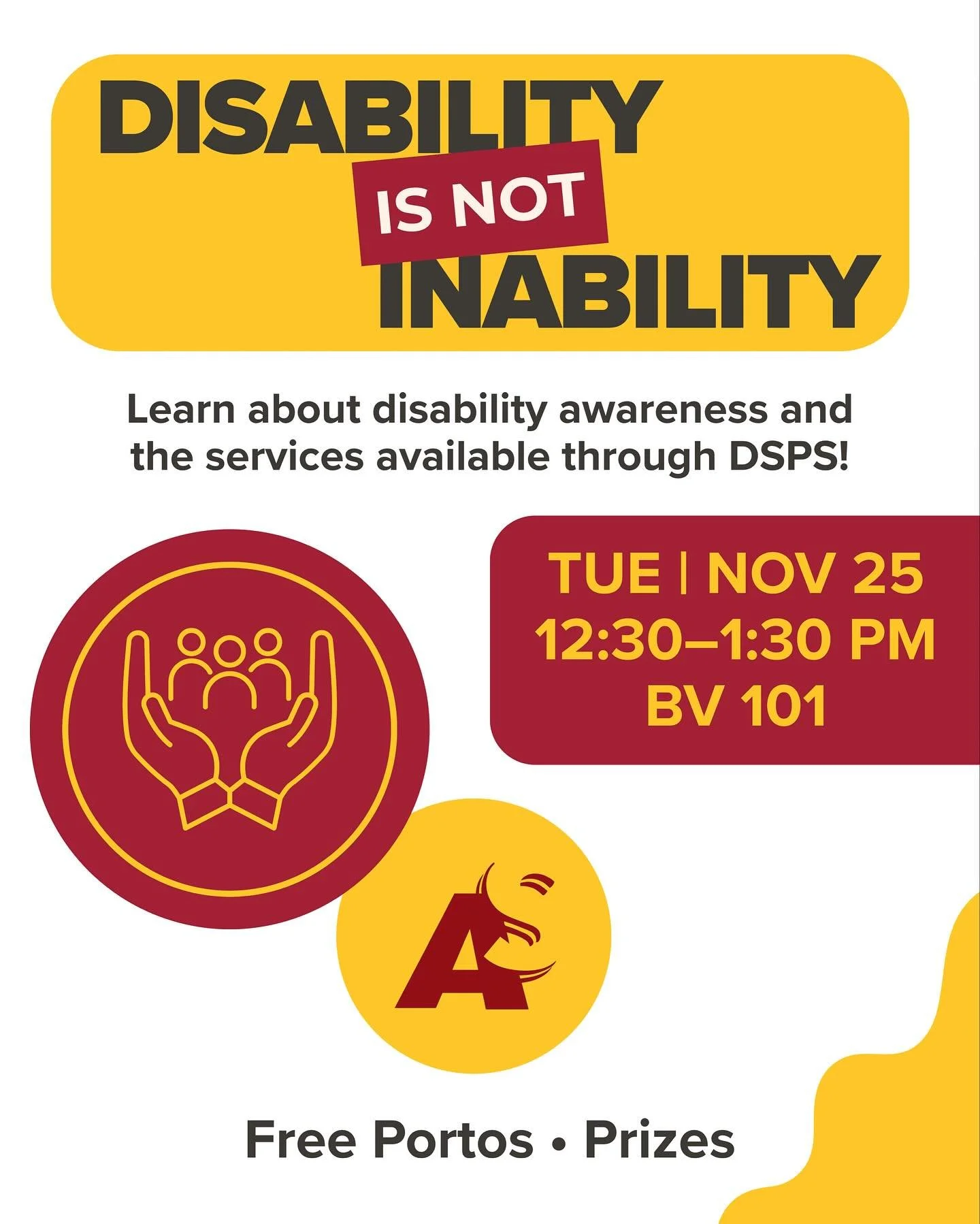 Join us for our Disability Awareness and DSPS Event!

Learn about the services that are available through DSPS and the different types of disabilities that affect millions worldwide!

📅 Tuesday, November 25th
⏰ 12:30-1:30 PM
📍Buena Vista 101

Need 