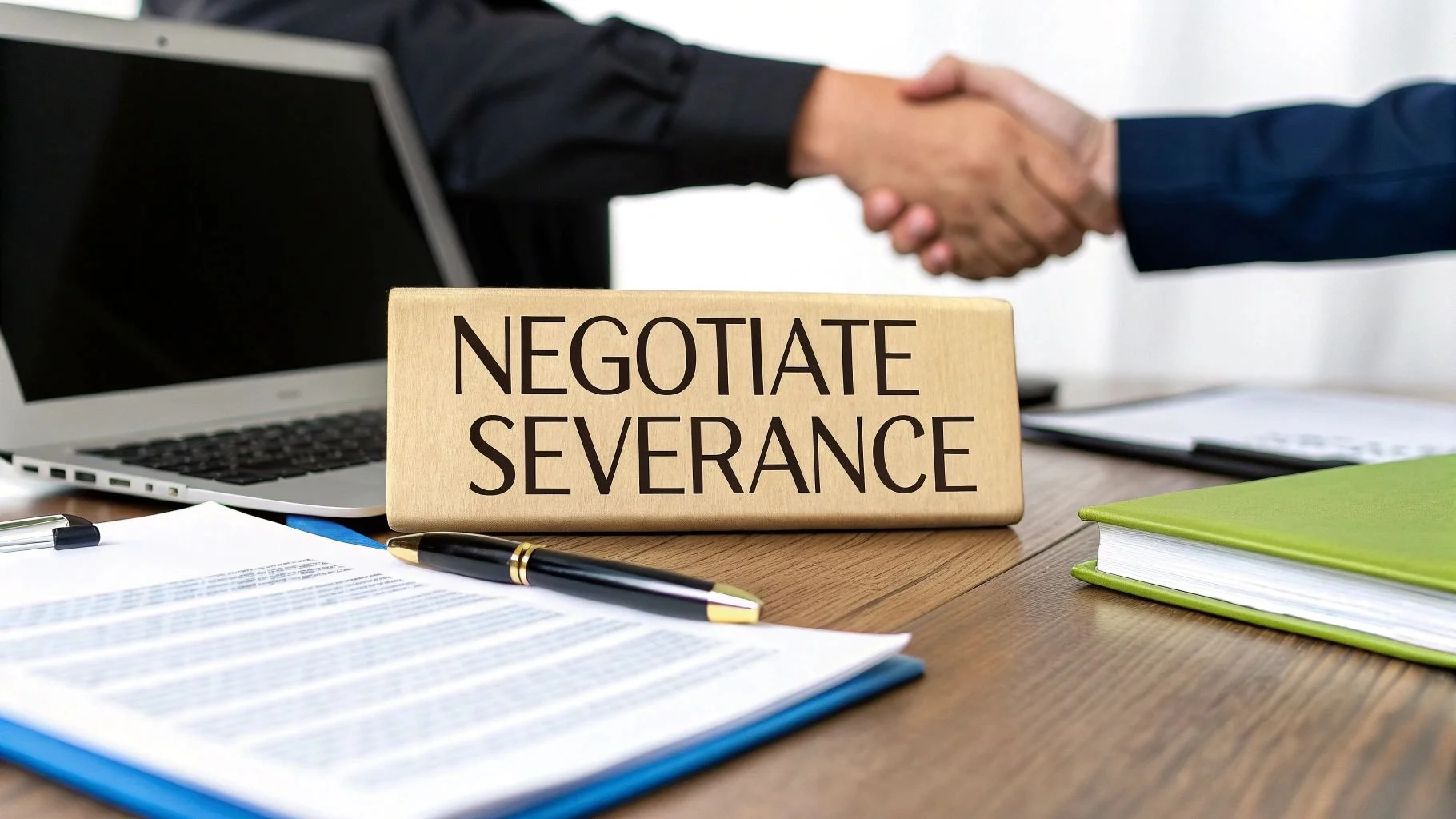 A desk with a sign that reads 'Negotiate Severance', a laptop, documents, a pen, and a green notebook.