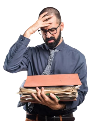 A man with glasses and a beard, wearing a dress shirt and tie, holding a stack of papers and a folder, looking distressed with his hand on his forehead.