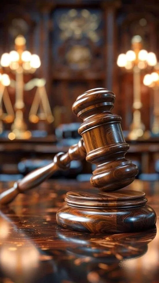 A wooden judge's gavel resting on a sound block in a law office or courtroom setting.