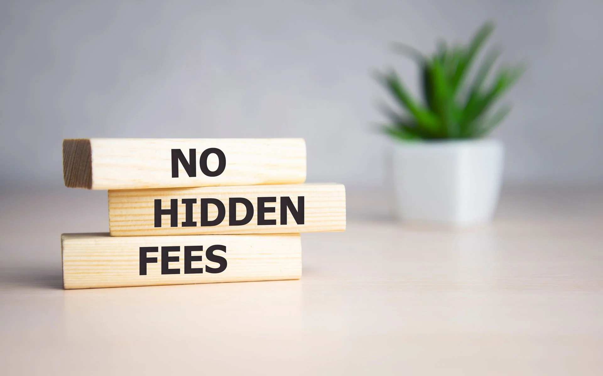 Stacked wooden blocks with the words "NO HIDDEN FEES" printed on them, placed on a light-colored surface with a blurred white pot and green plant in the background.