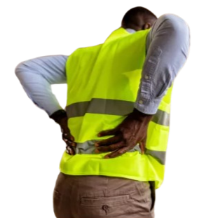 A man wearing a yellow safety vest and light-colored pants, holding his lower back with both hands.