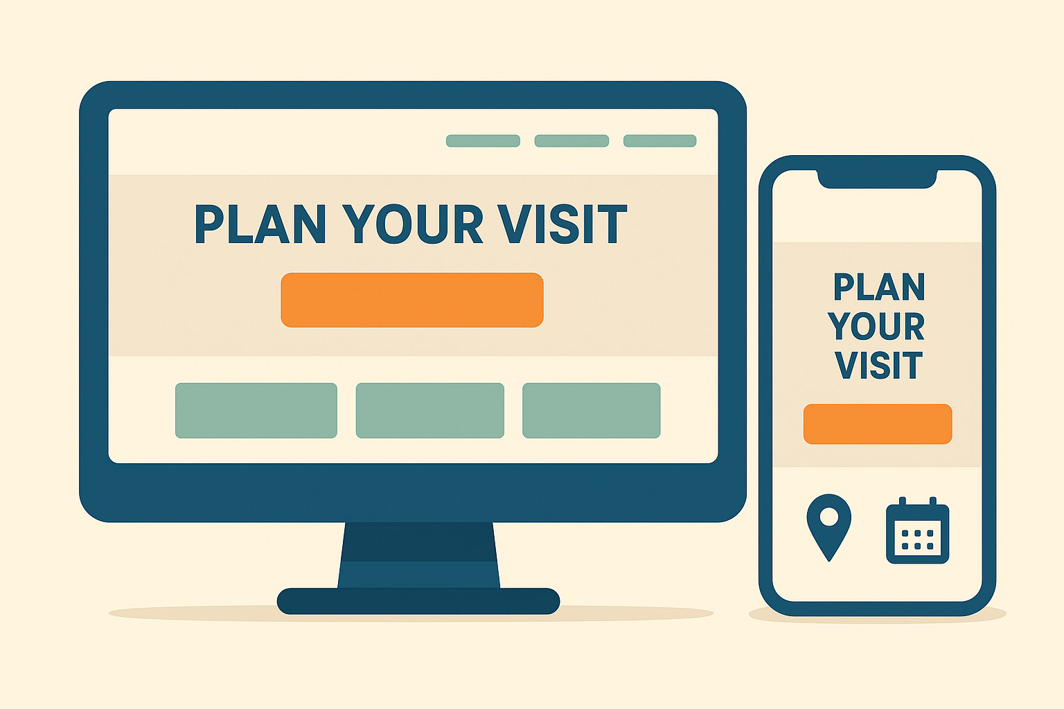 Graphic showing a church website homepage—highlighting clarity and welcome for first-time visitor