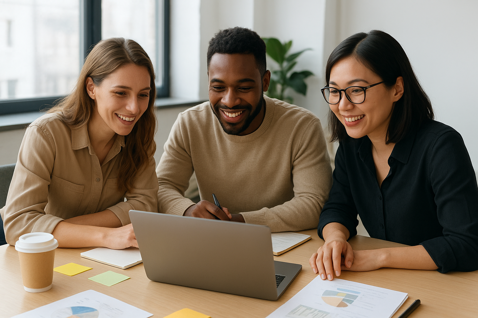 Digital marketing team collaborating around a laptop with creative notes and coffee mugs on the table.